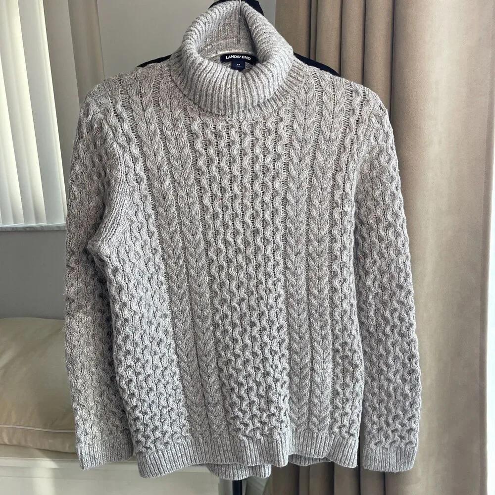 Lands' End Drifter Cable Knit turtleneck sweater in Mottled grey M